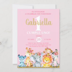 Invitation d'anniversaire des animaux Safari, rose