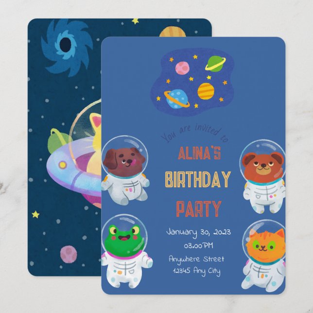 Invitation d'anniversaire des astronautes animaux (Devant / Derrière)