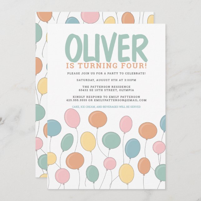 Invitation d'anniversaire des ballons (Devant / Derrière)