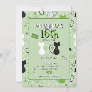 Invitation d'anniversaire des chats à coeur vert d