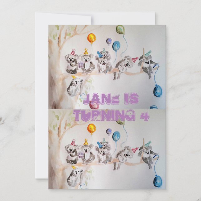 Invitation d'anniversaire des filles de Koala Art  (Devant)