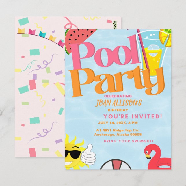 Invitation d'anniversaire d'été pour une fête au b (Devant / Derrière)