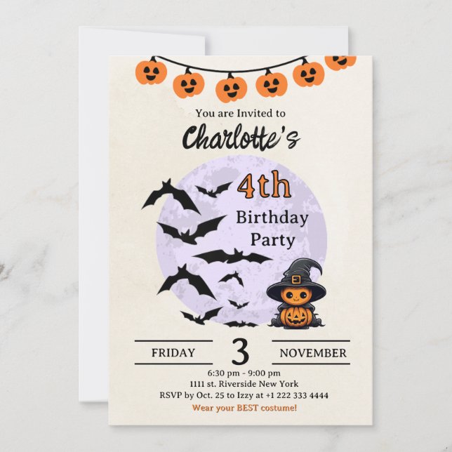 Invitation d'anniversaire d'Halloween pour les enf (Devant)