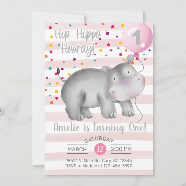 Invitation d'anniversaire d'hippo rose fille, invi (Devant)