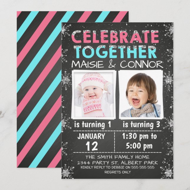 Invitation d'anniversaire d'hiver conjointe ou jum (Devant / Derrière)