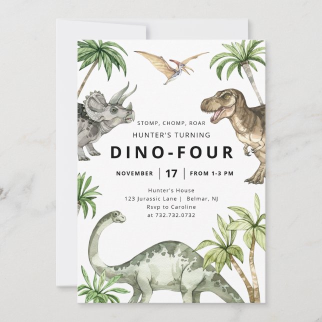 Invitation d'anniversaire Dino-Quatre Dinosaure (Devant)