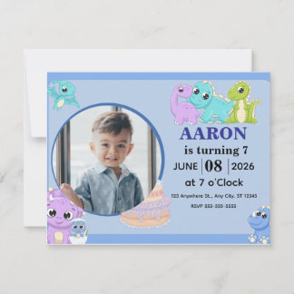 Invitation d'anniversaire Dinosaure Bleu Joyeux