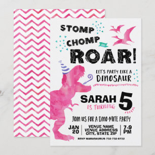 Invitation d'anniversaire dinosaure rose