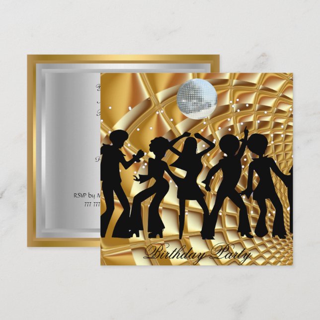 Invitation d'anniversaire disco de danse en or (Devant / Derrière)