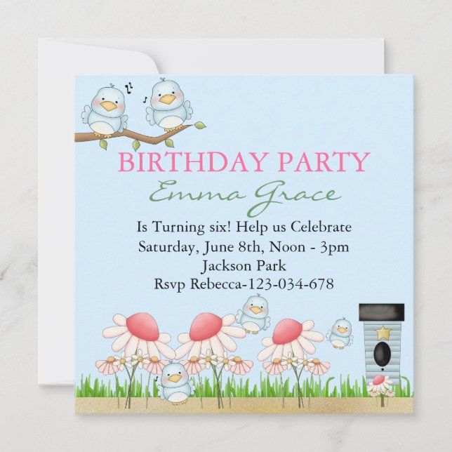 Invitation d'anniversaire d'oiseaux bleus (Devant)