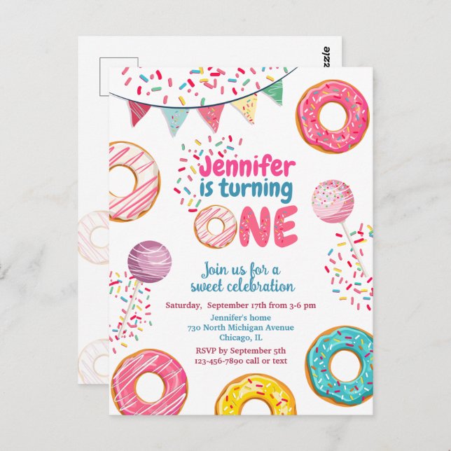 Invitation d'anniversaire Donut Sucré 1 UN (Devant / Derrière)