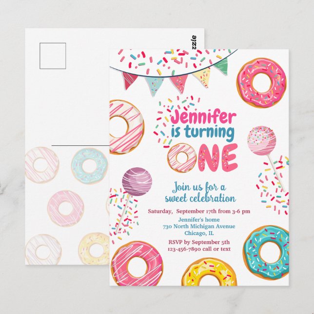 Invitation d'anniversaire Donut Sweet 1 UN (Devant / Derrière)