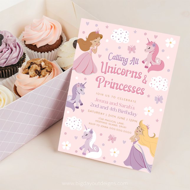 Invitation d'anniversaire double Princesse. Unicor (Princess and Unicorn Pink Joint Birthday Invitation)