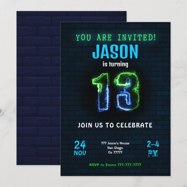 Invitation d'anniversaire du 13e garçon (Devant / Derrière)