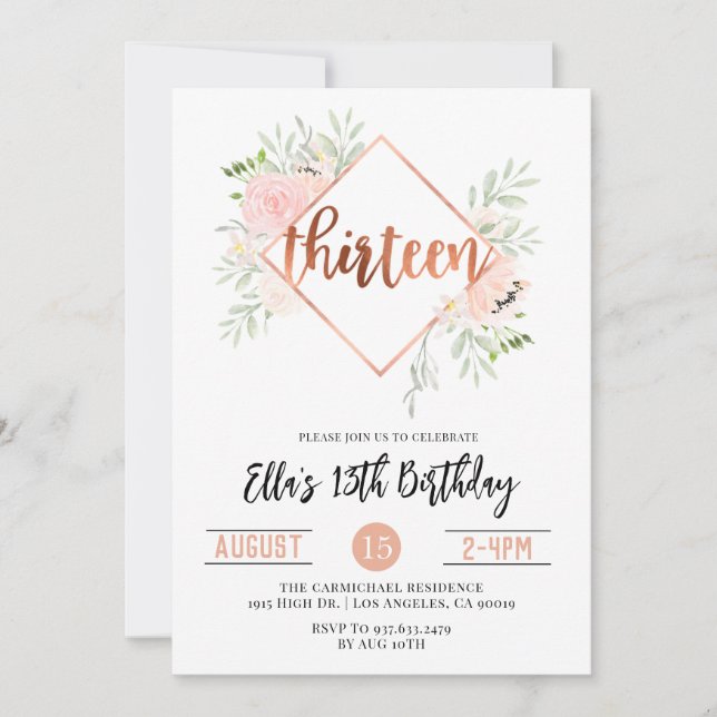 Invitation d'anniversaire du 13e Rose (Devant)