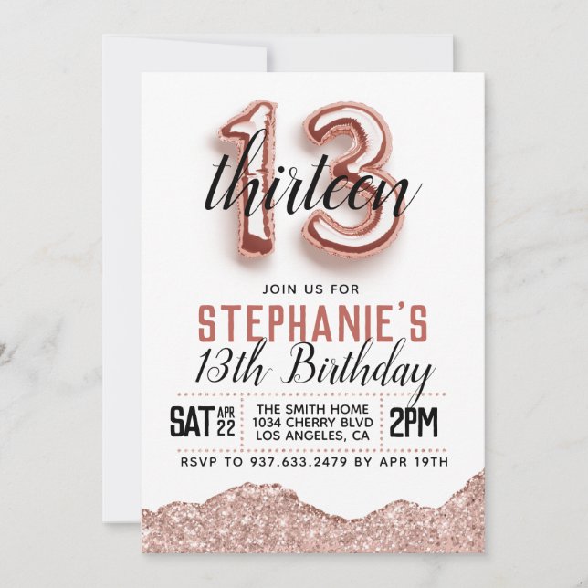 Invitation d'anniversaire du 13e Rose (Devant)