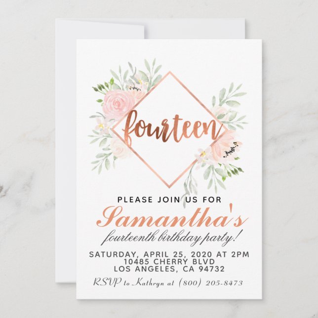 Invitation d'anniversaire du 14e Rose (Devant)