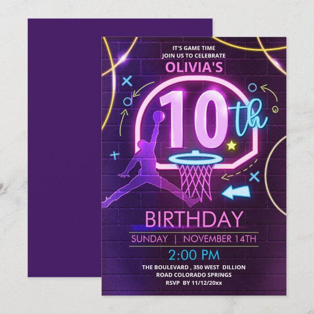 Invitation d'anniversaire du basket-ball de néon (Devant / Derrière)