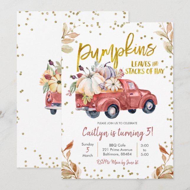 Invitation d'anniversaire du camion Citrouille rou (Devant / Derrière)