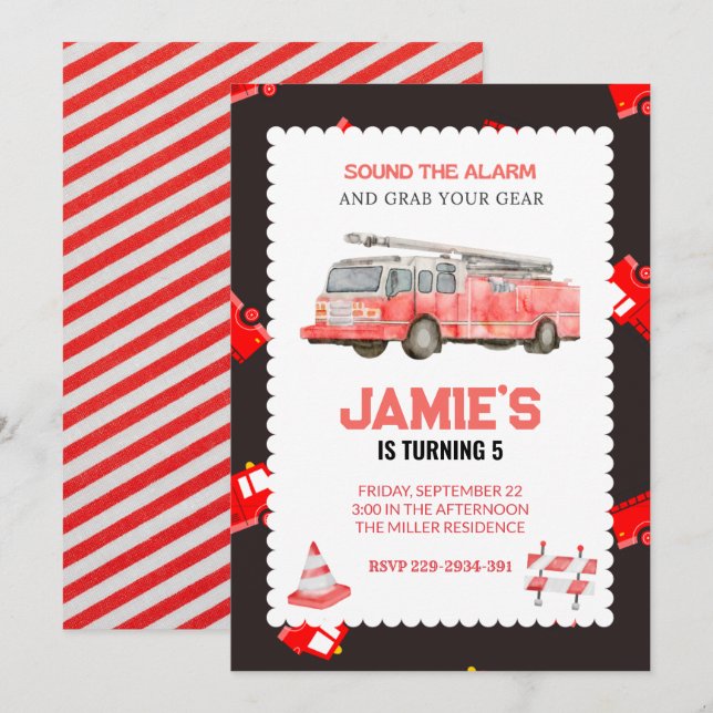 Invitation d'anniversaire du camion-feu (Devant / Derrière)