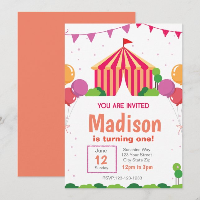 Invitation d'anniversaire du Carnaval rose (Devant / Derrière)