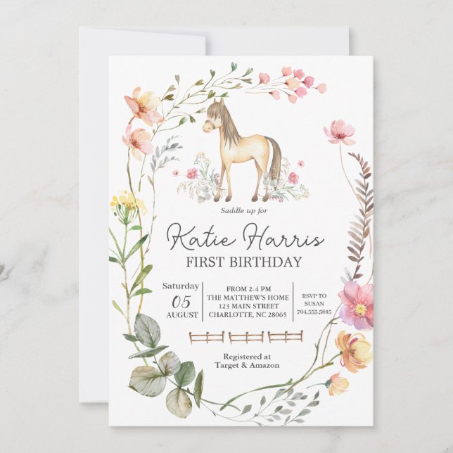 Invitation d'anniversaire du cheval fleur sauvage (Devant)