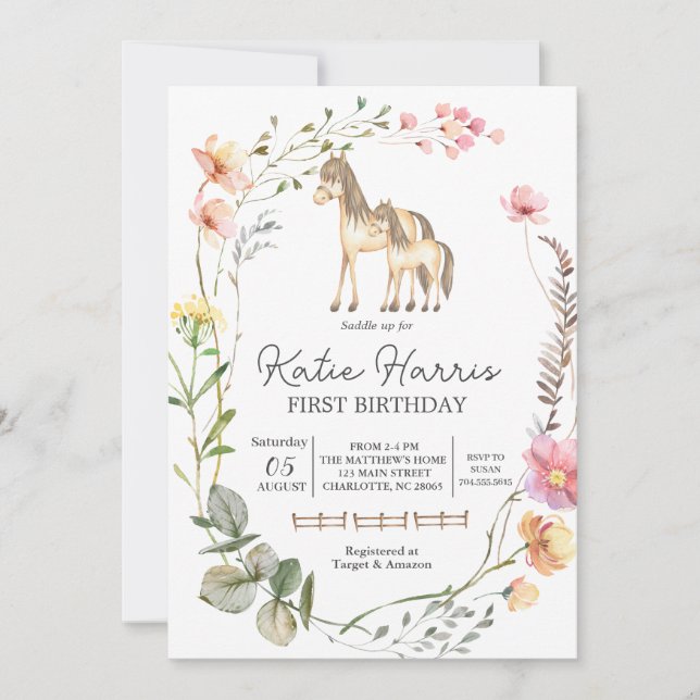 Invitation d'anniversaire du cheval fleur sauvage (Devant)