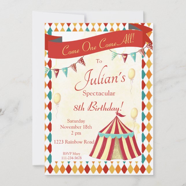 Invitation d'anniversaire du cirque, Carnaval édit (Devant)