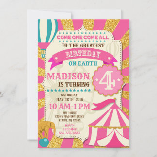 Invitation d'anniversaire du cirque Carnaval Pink 