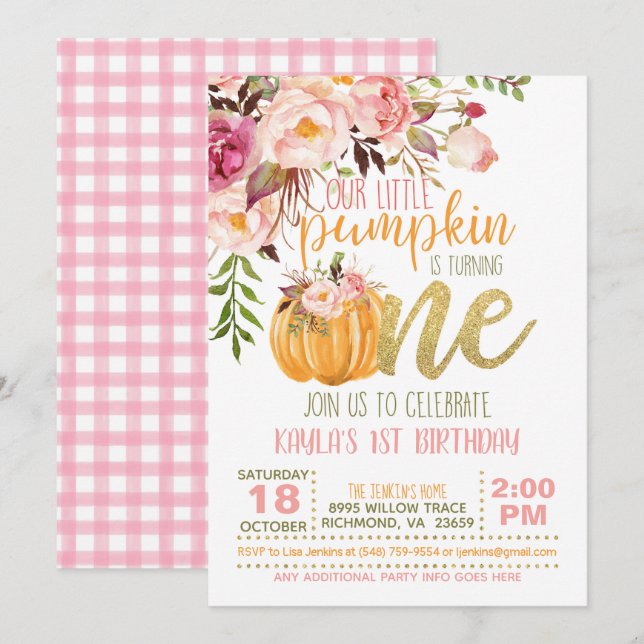 Invitation d'anniversaire du Citrouille floral - F (Devant / Derrière)