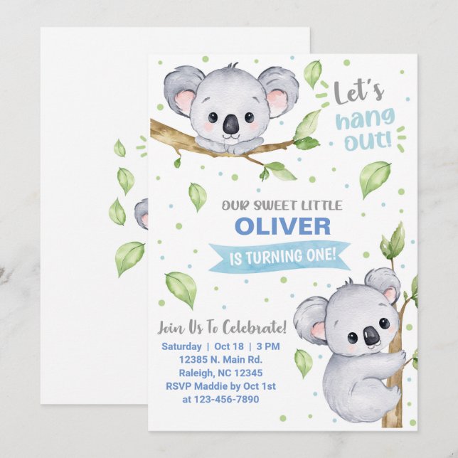 Invitation d'anniversaire du garçon Koala, tout âg (Devant / Derrière)