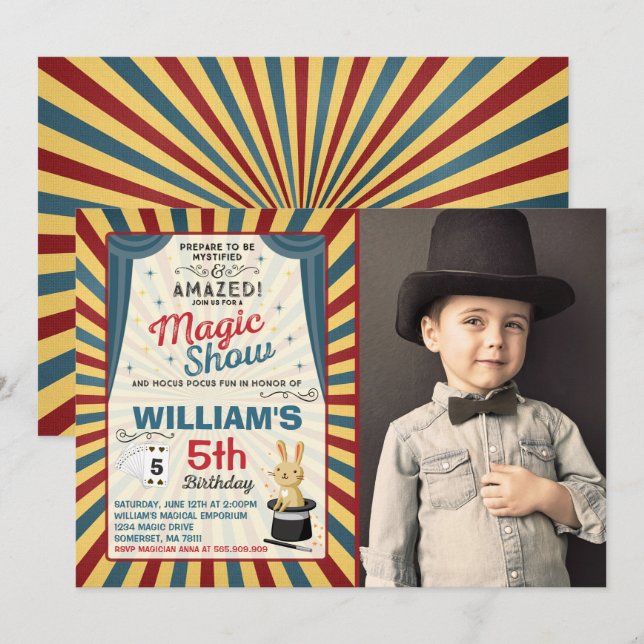 Invitation d'anniversaire du magicien Spectacle ma (Devant / Derrière)