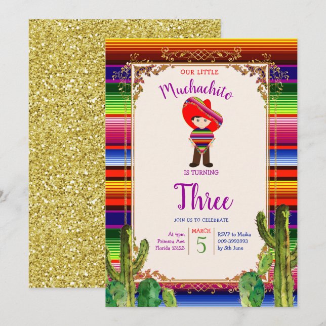 Invitation d'anniversaire du Muchachito Cactus mex (Devant / Derrière)
