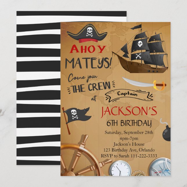 Invitation d'anniversaire du navire pirate (Devant / Derrière)