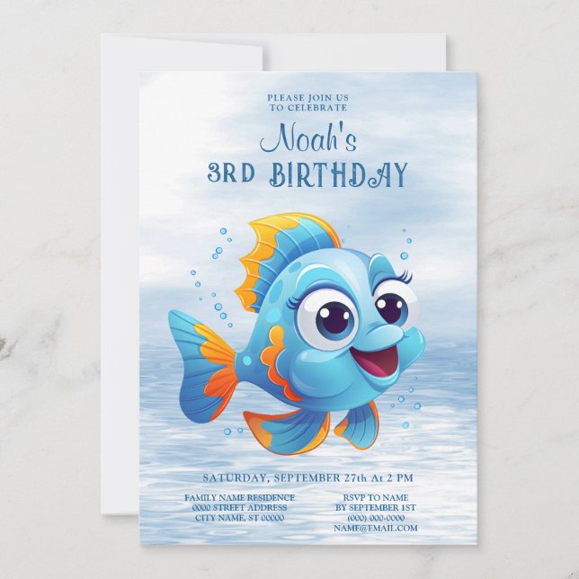 Invitation d'anniversaire du poisson bleu (Devant)