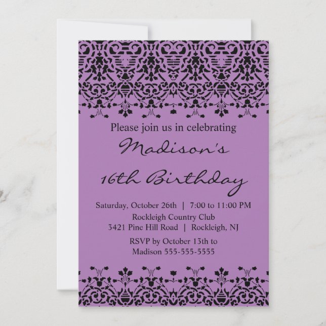 Invitation d'anniversaire du Sweet sixteen pourpre (Devant)
