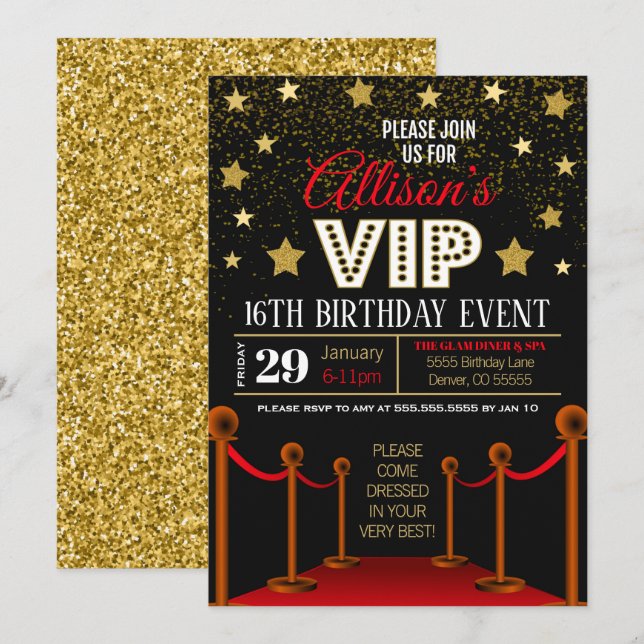 Invitation d'anniversaire du tapis rouge (Devant / Derrière)