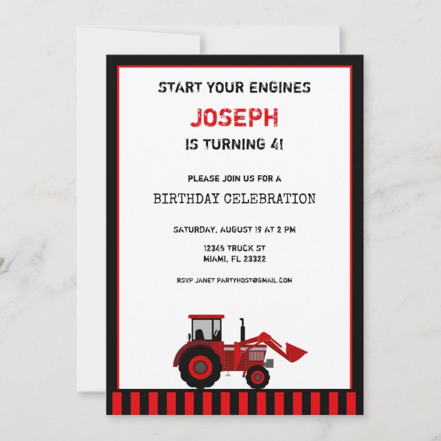 Invitation d'anniversaire du tracteur rouge (Devant)