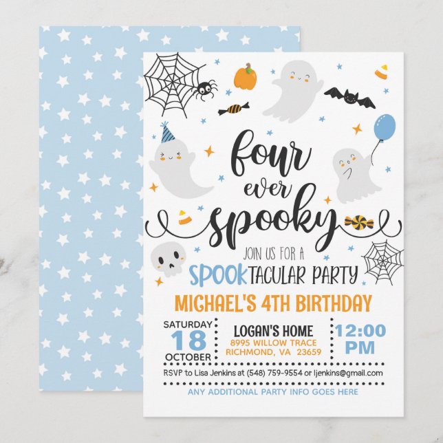 Invitation d'anniversaire Éffrayante - Bleu/Wh (Devant / Derrière)