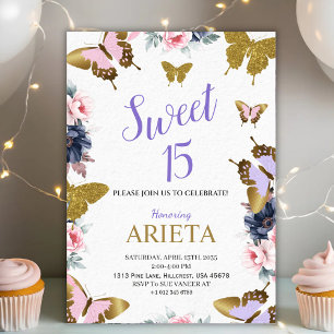 Invitation d'anniversaire élégante papillon or et