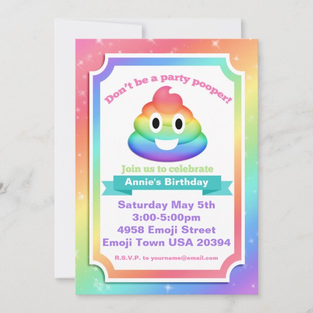 Invitation d'anniversaire Emoji Rainbow Poop (Devant)