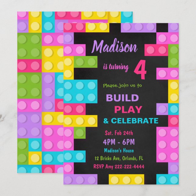 Invitation d'anniversaire en briques noires (Devant / Derrière)