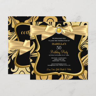 Invitation d'anniversaire en damas noir avec ruban