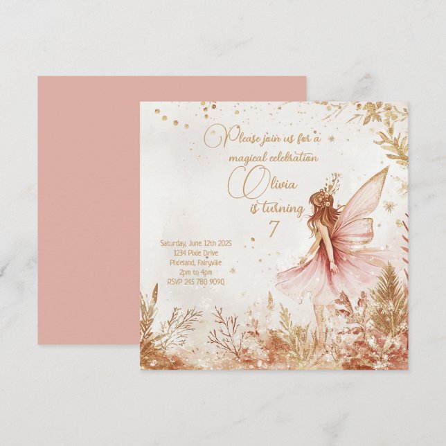 Invitation d'anniversaire Enchanted Gold et Rose F (Devant / Derrière)