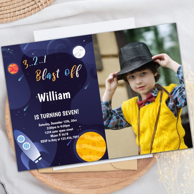 Invitation d'anniversaire Espace avec Photo (Dark Purple Outer Space Birthday Invitations photo)