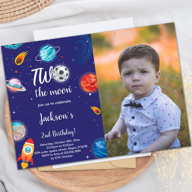 Invitation d'anniversaire Espace avec Photo (Two the moon Outer space Birthday photo Invitation)