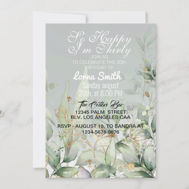 Invitation d'anniversaire| Eucalyptus Green Waterc (Devant)