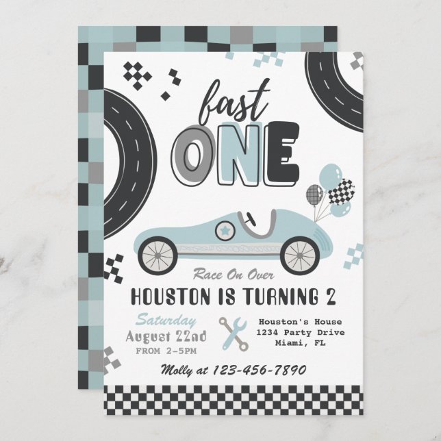 Invitation d'anniversaire Fast ONE | Course Vintag (Devant / Derrière)