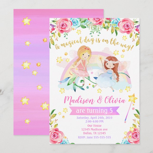 Invitation d'anniversaire fée / Joint Twins Party (Devant / Derrière)