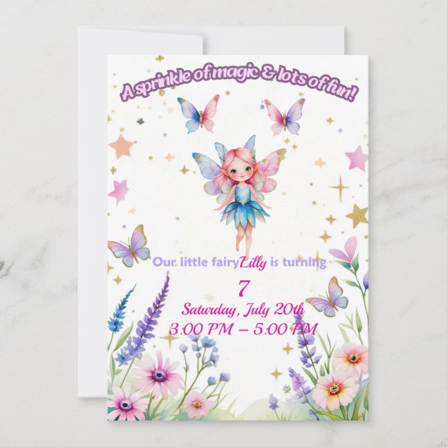 Invitation d'anniversaire fée magique pour les fil (Devant)